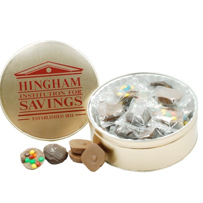 NC Custom: Domed Tin with House Shaped Mints. Supplied By: Chocolate Inn